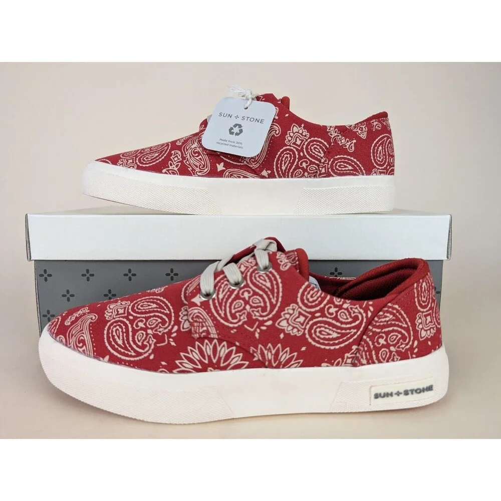 Sun + Stone Shoes Mens 8 M Kiva Casual Sneakers Red Paisley Lace Up Low Top NWB